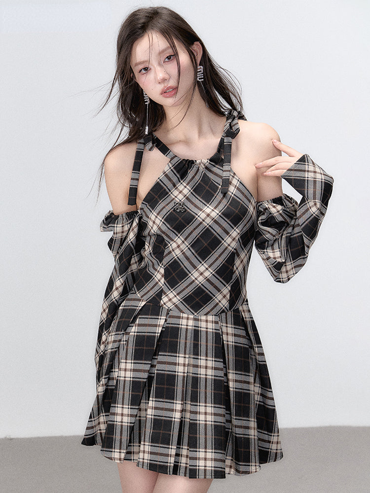 Black Plaid A-line Halter Mini Dress