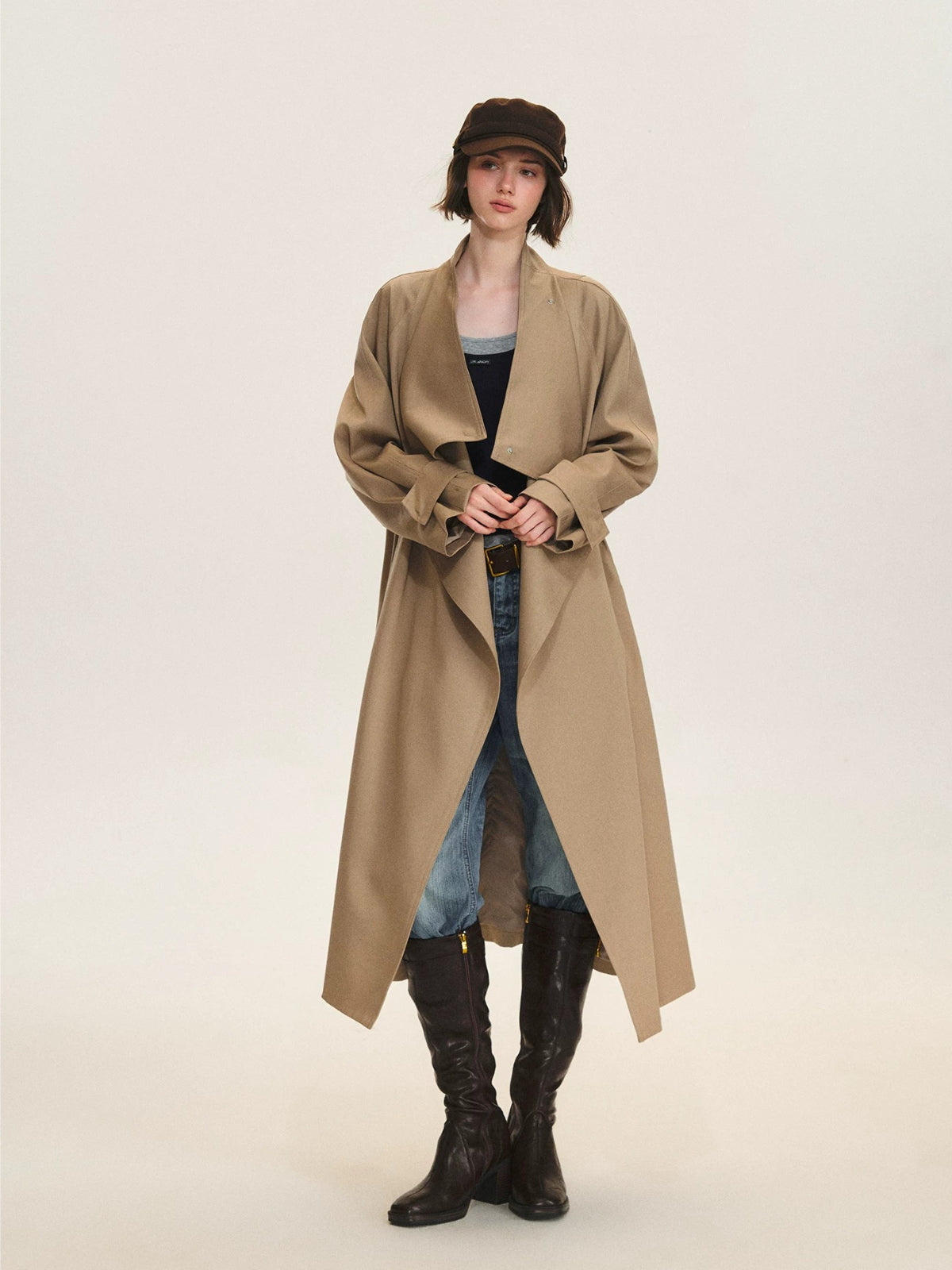Khaki Waterfall Collar Trench Coat