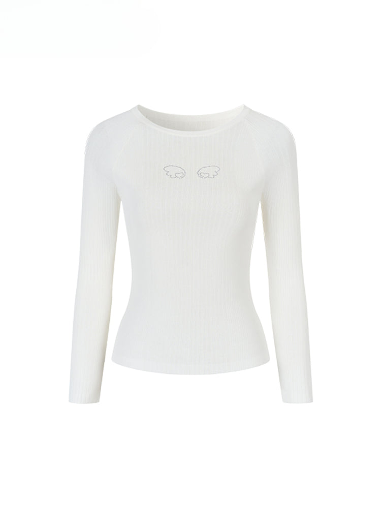 Rhinestone Heart Wings Slim Long-sleeved T-shirt