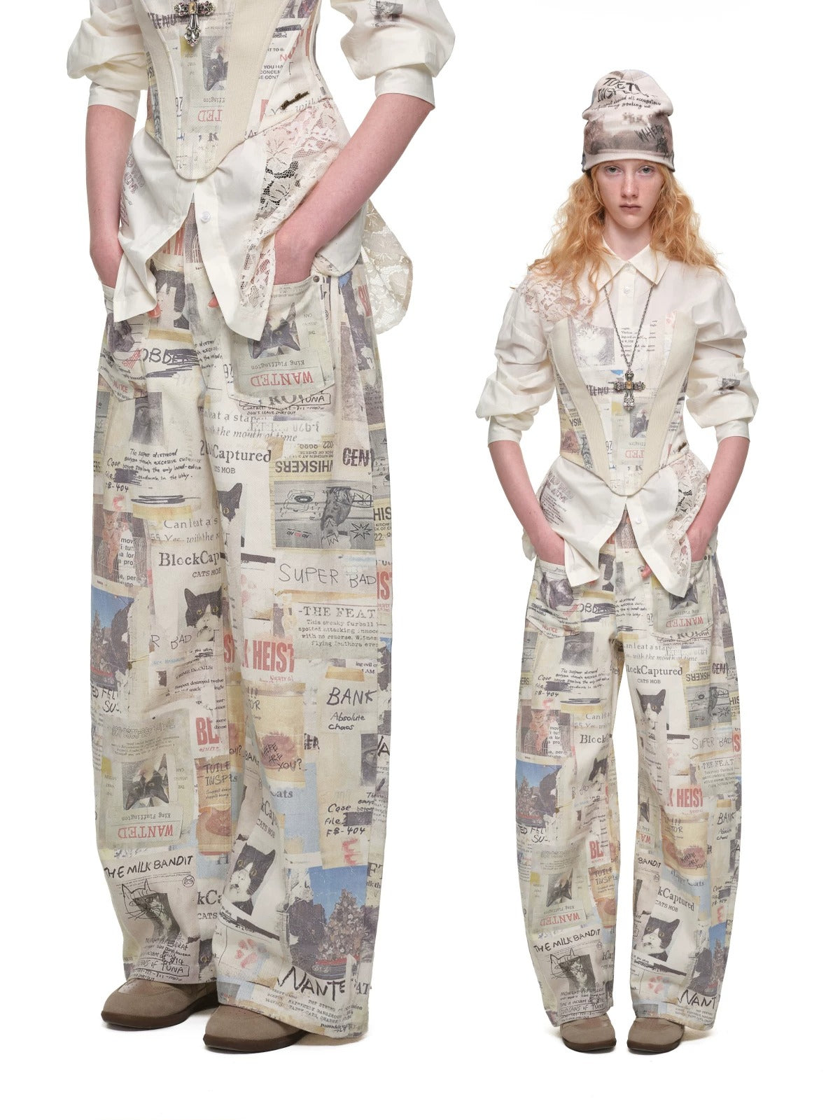 Cat Newspaper Print Canvas Pants