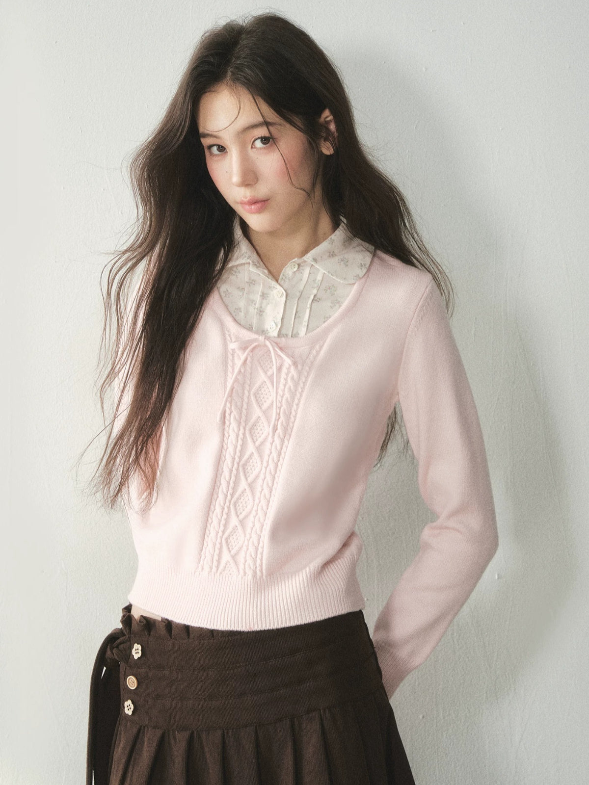 Floral Collar Bow Cable Knit Sweater