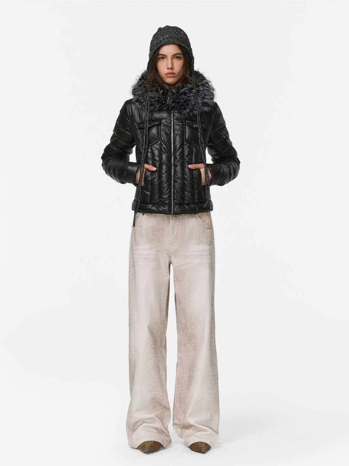 Denim Trim Fur-Collar Down Jacket