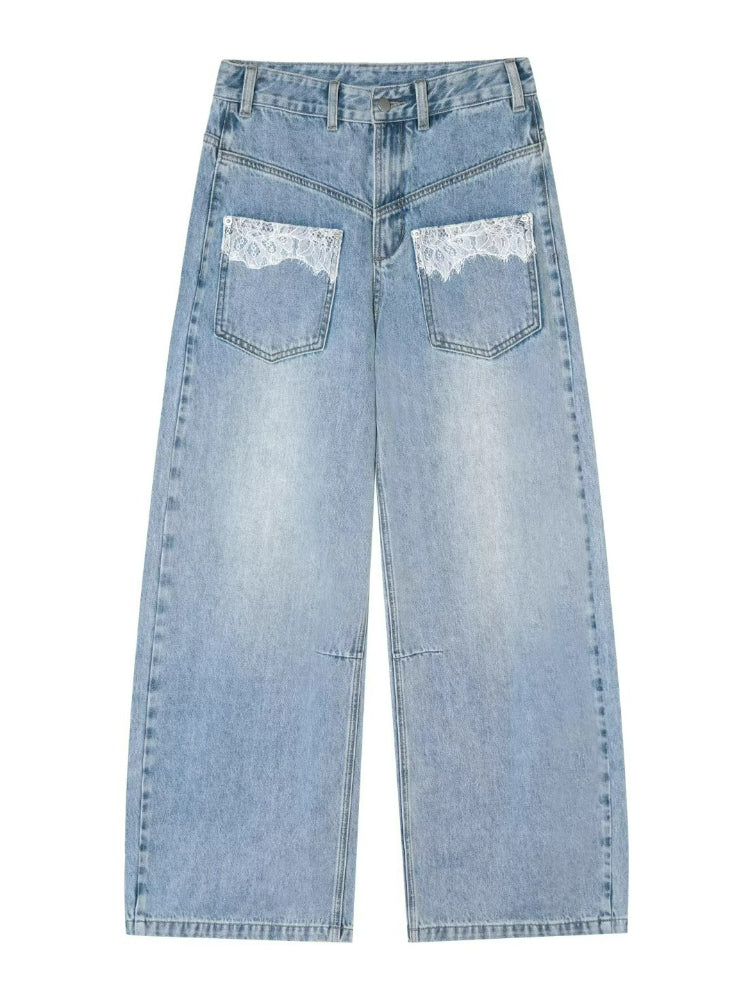 Lace Pocket Washed Curved Denim Jeans