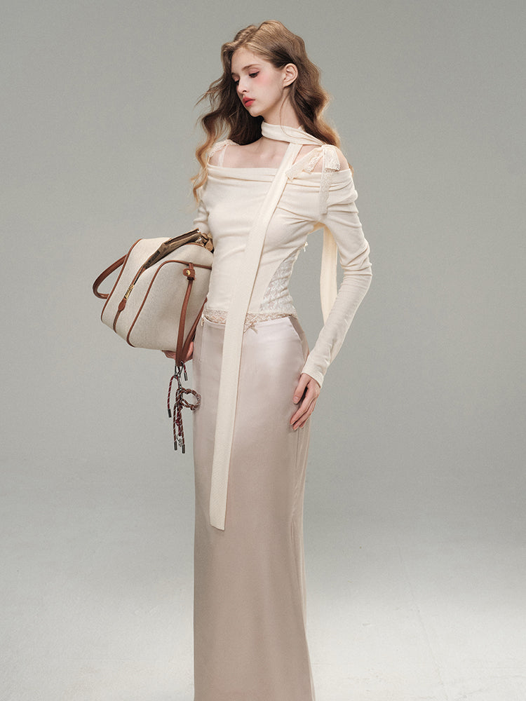 Lace Satin Midi Skirt