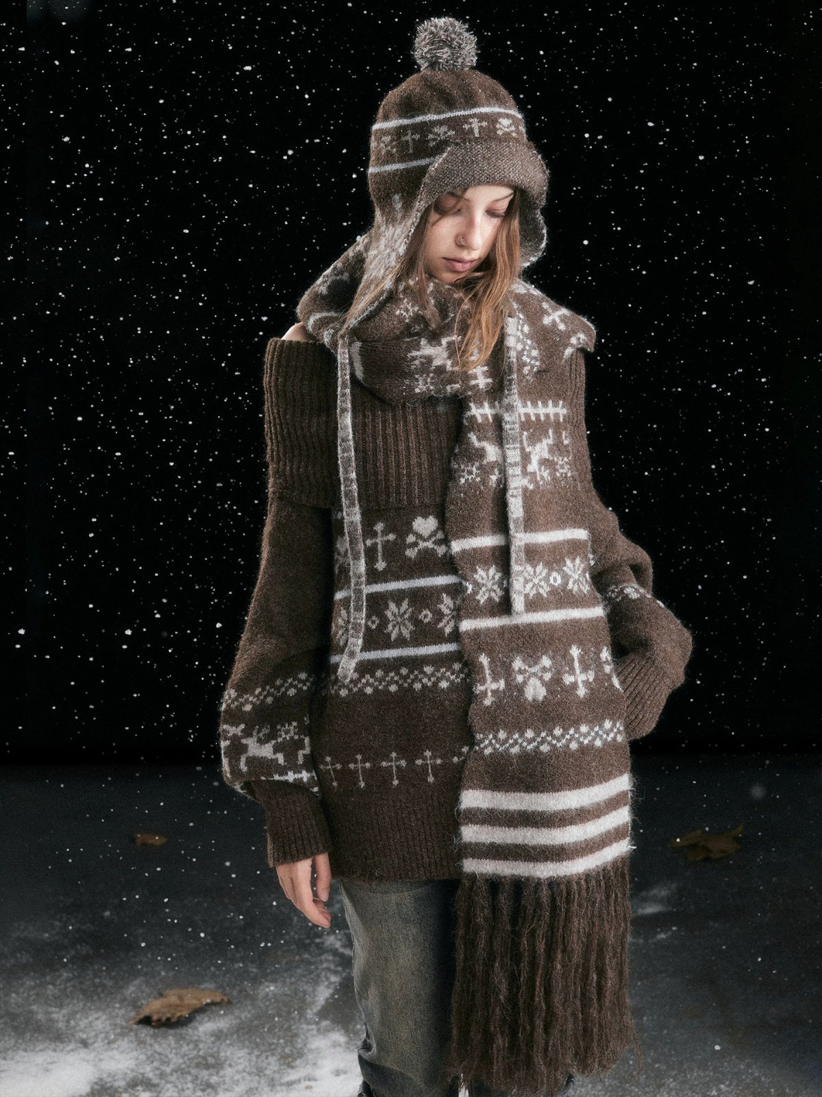 Striped Snowflake Knit Earflap Hat