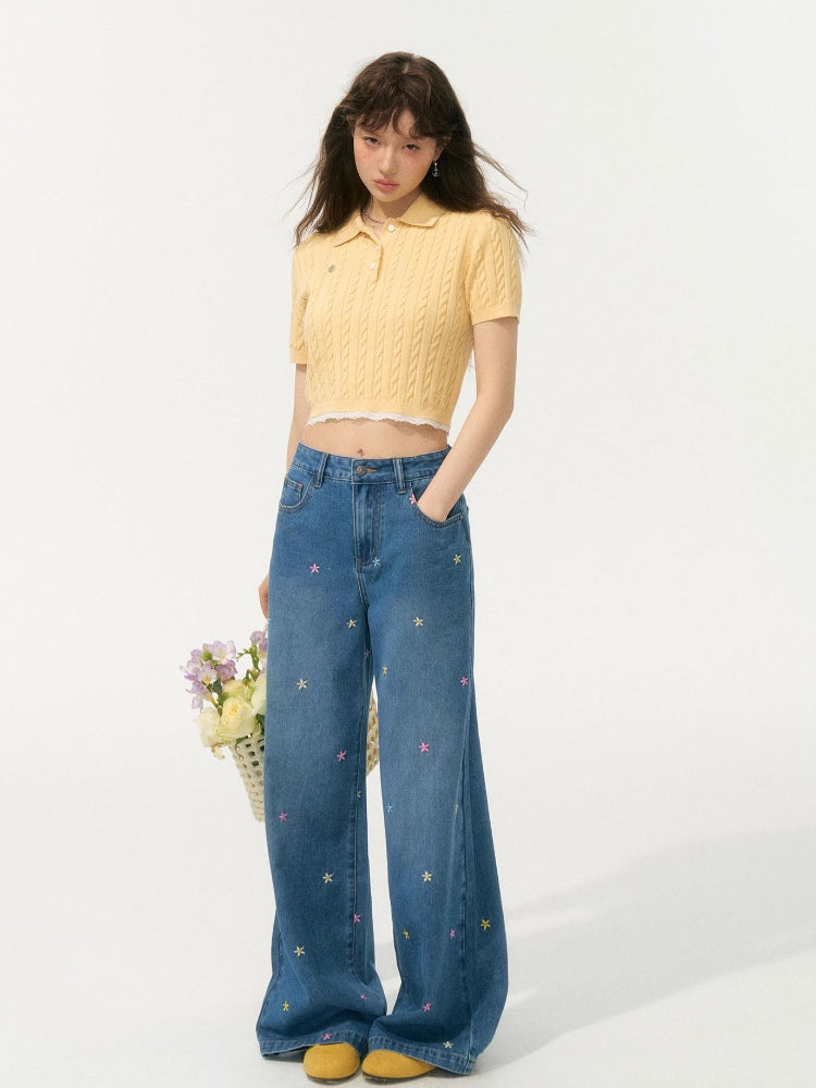 Embroidered High-Waisted Wide-Leg Pants