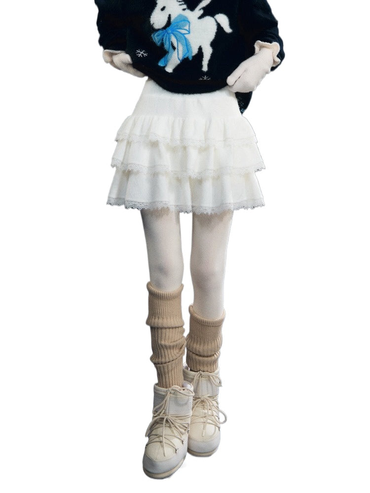 Lace-Panel Velvety Tiered Skirt