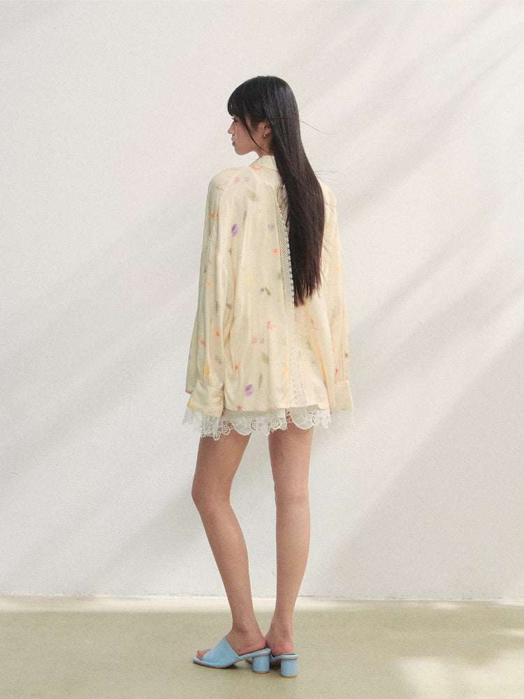 Lace-trimmed Floral Print Long-sleeve Shirt