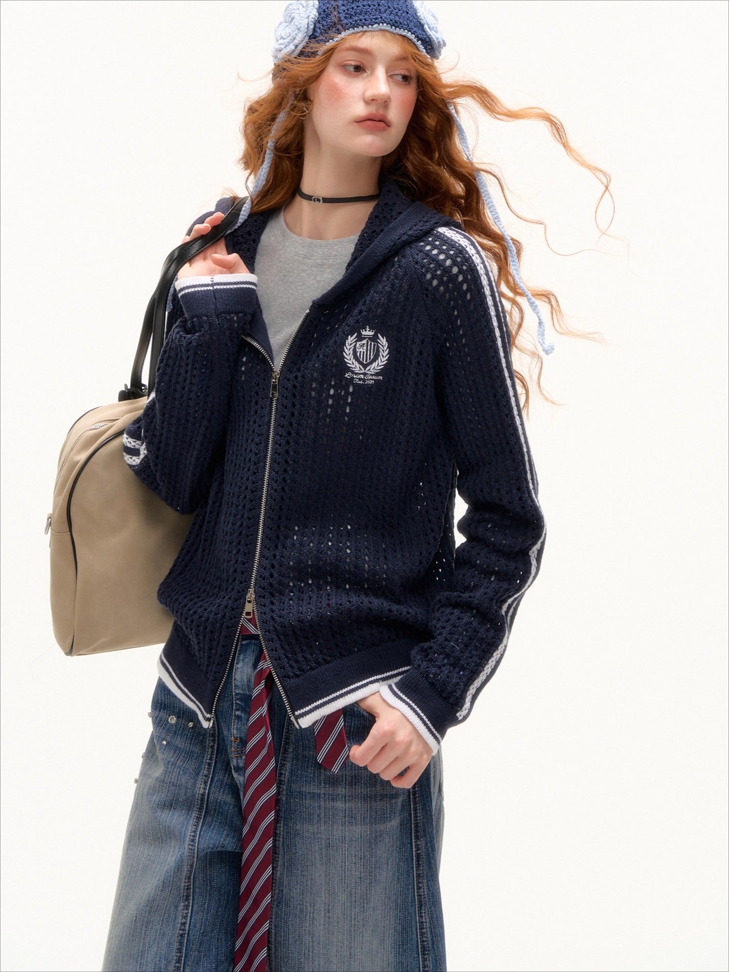 Blue & Red Embroidered Knit Hoodie