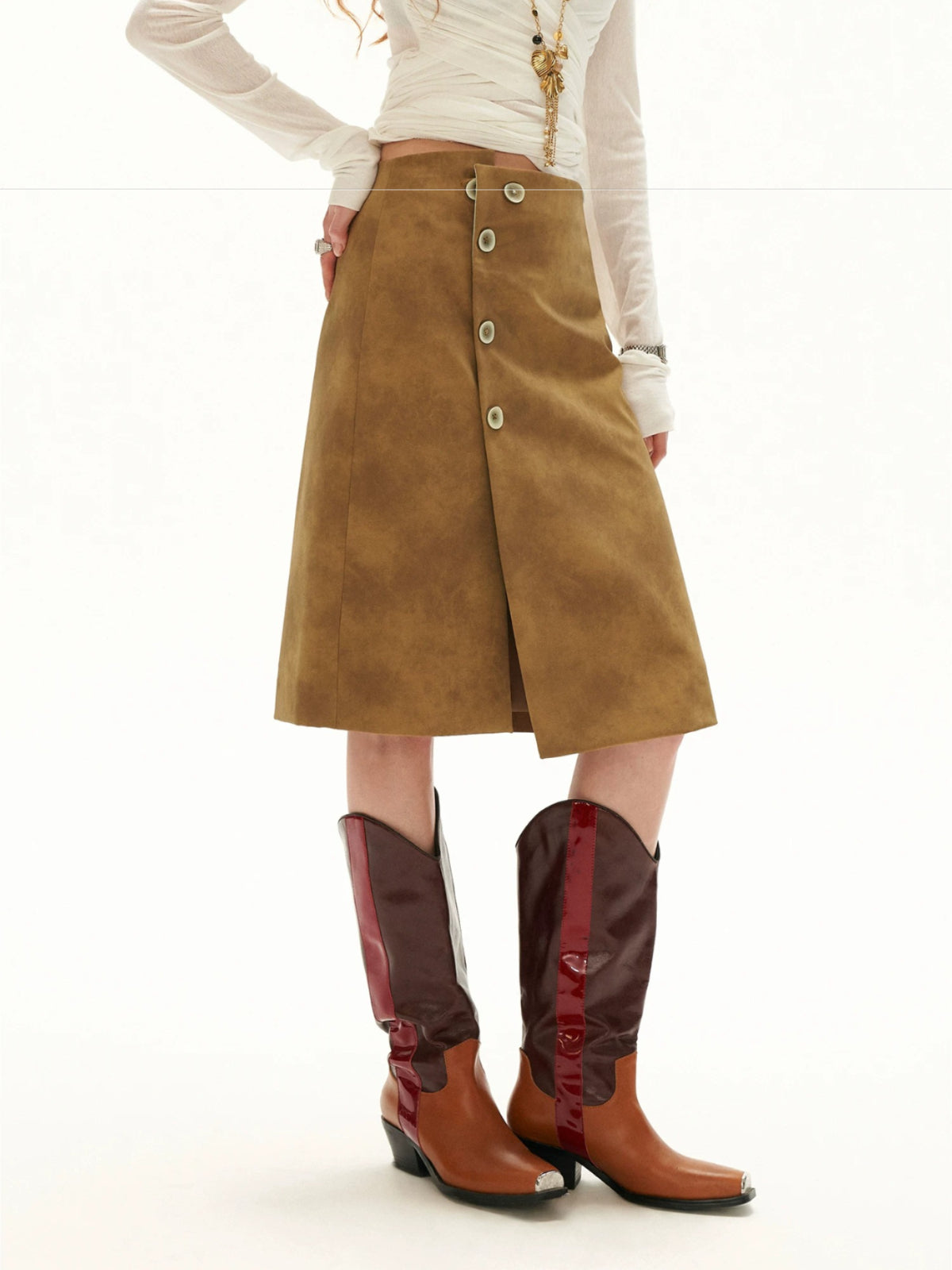 Vintage Washed Leather Midi Skirt