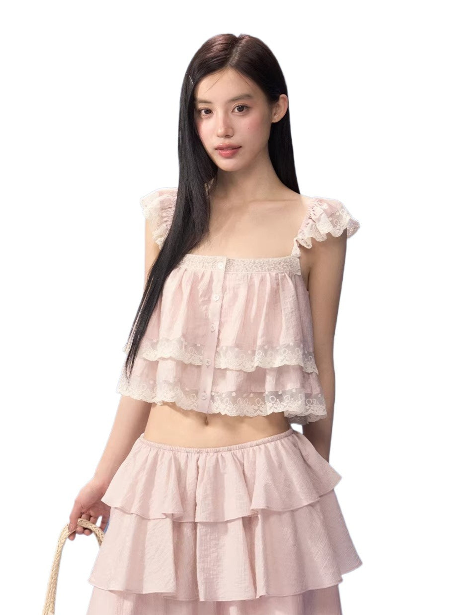 Pink Lace Square Neck Top & Skirt Set