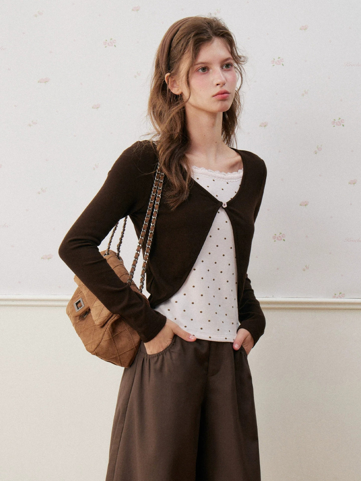 Rose Canele Contrast Polka Dot Knit Top