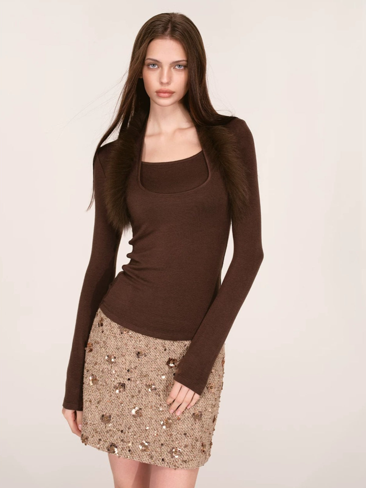 Sequined Contrast Waist Tweed Mini Skirt