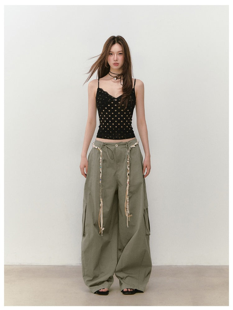 Wide-Leg Beaded Cargo Large Pockets Pants