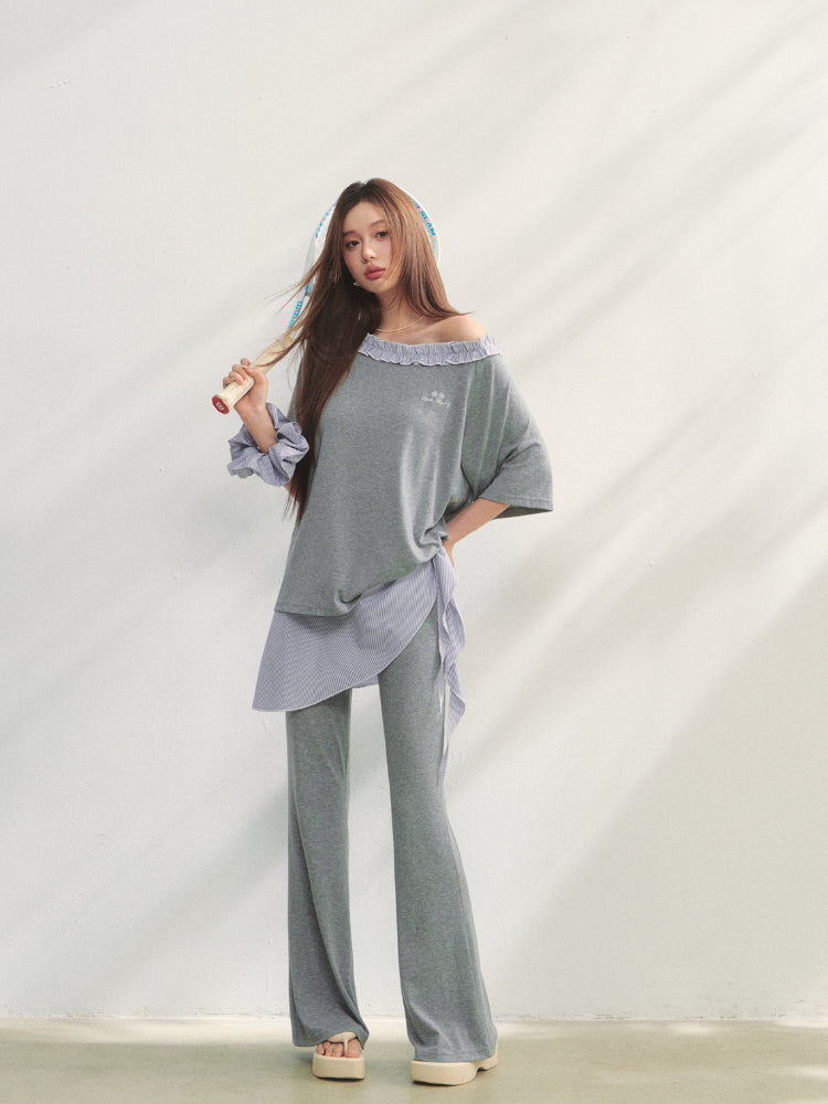 Checkered Asymmetric Shoulder Short-Sleeve T-Shirt & Pants Set