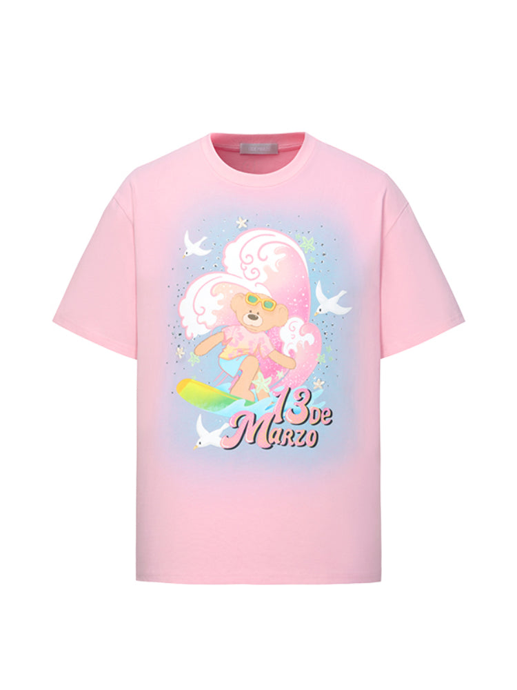 Island-style Bear Surfing Illustration Cotton T-shirt
