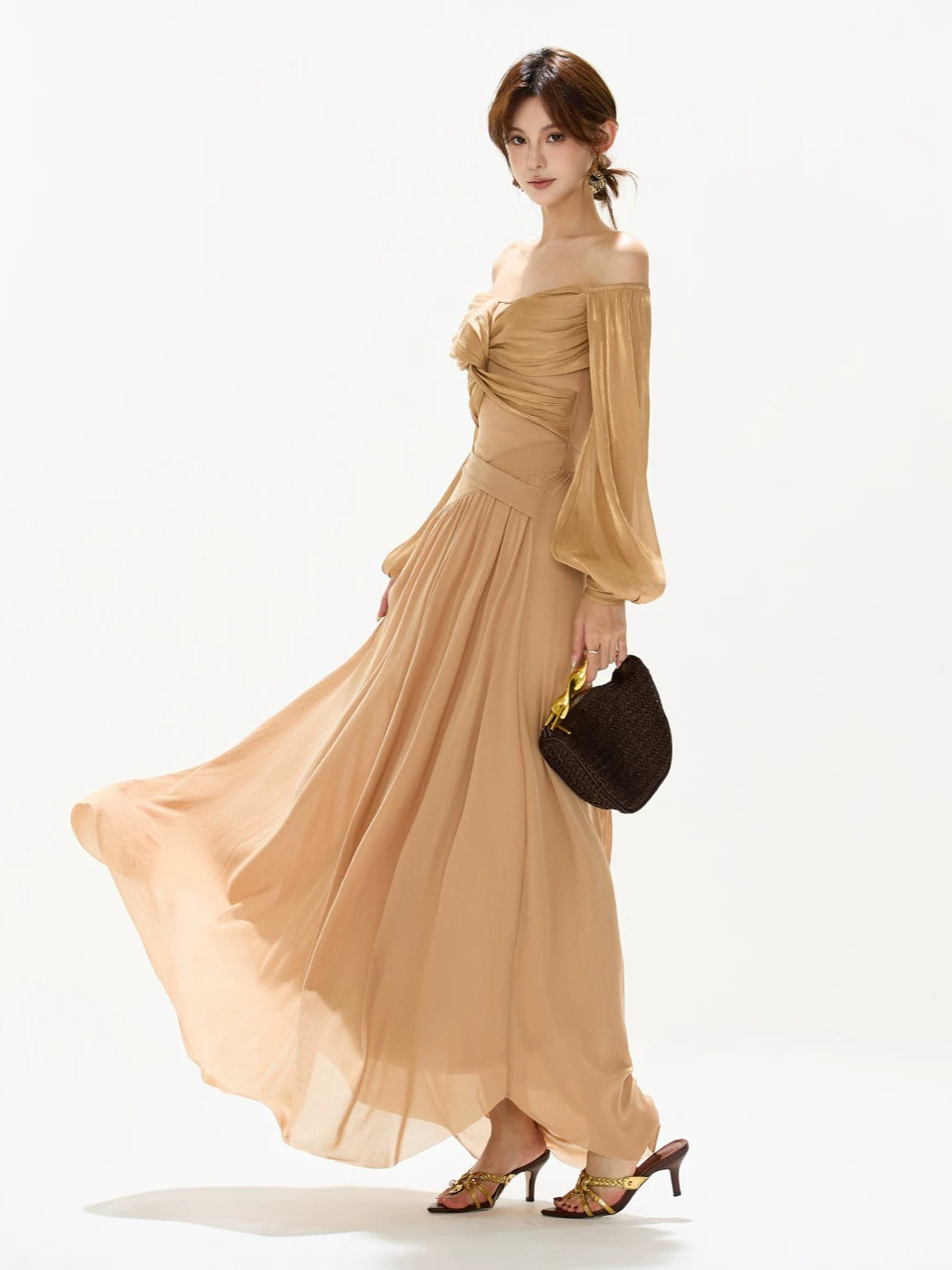 Brown Off Shoulder Butterfly Knot Maxi Dress