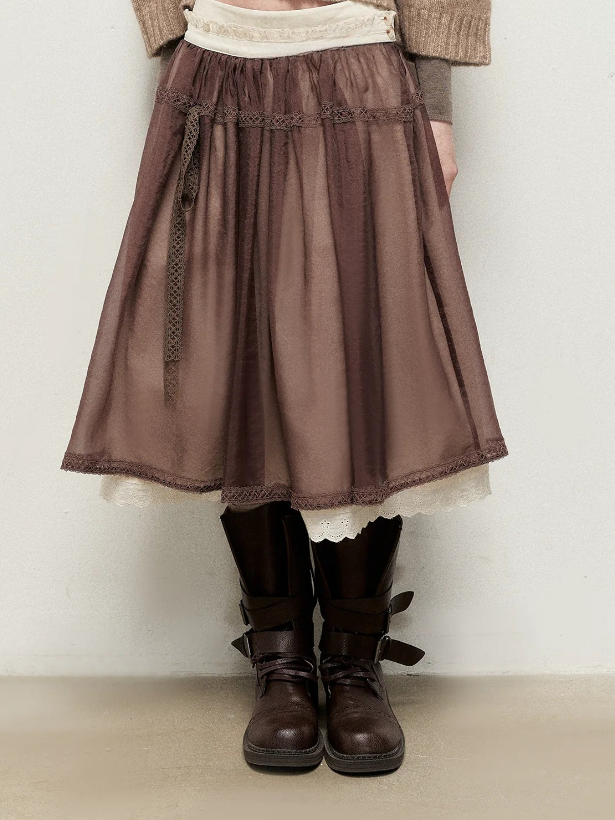 Vintage Cocoa Lace Layered Midi Skirt