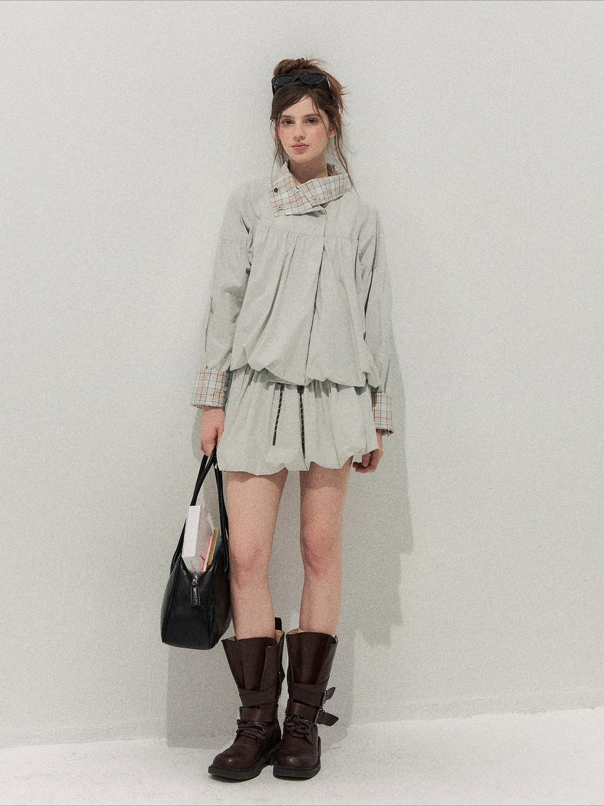 Blue Gray Plaid Trench Coat Set