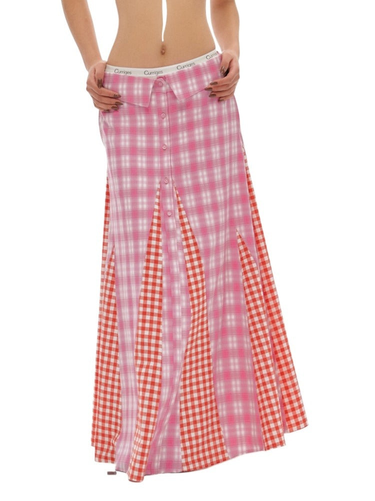 Pink Plaid Panel Skirt