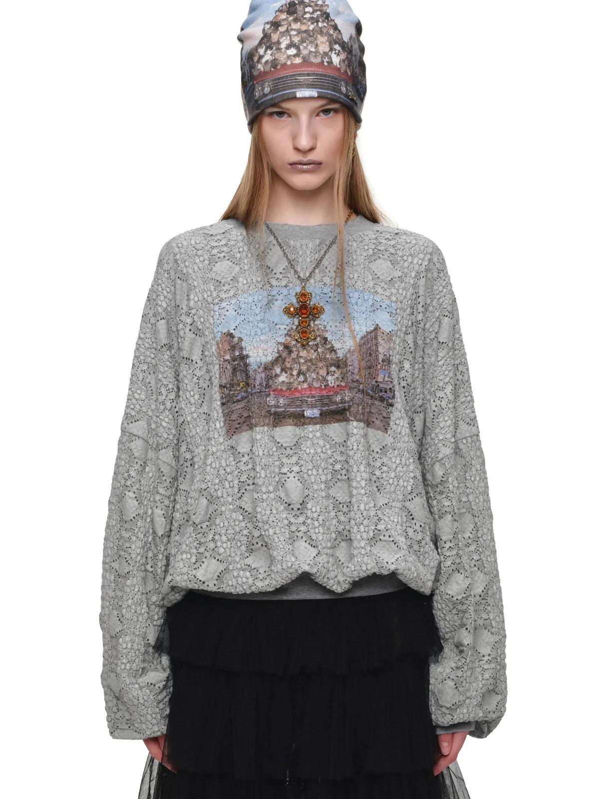 Cat Print Lace Balloon Sweatshirt