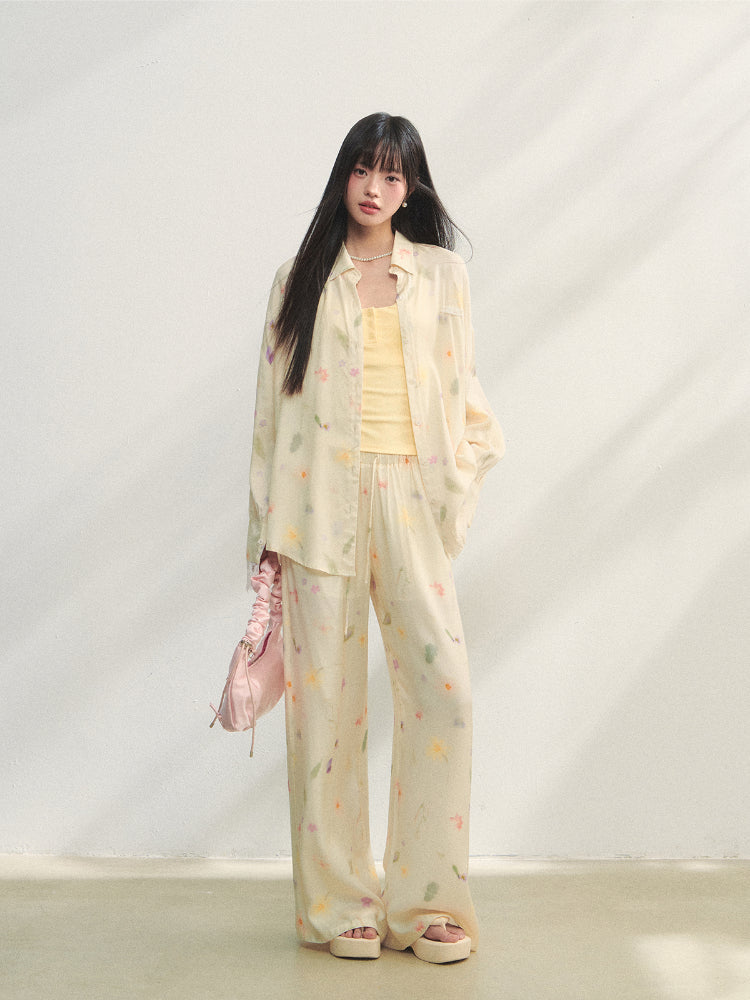 Floral Elastic Waist Straight Leg Casual Pants