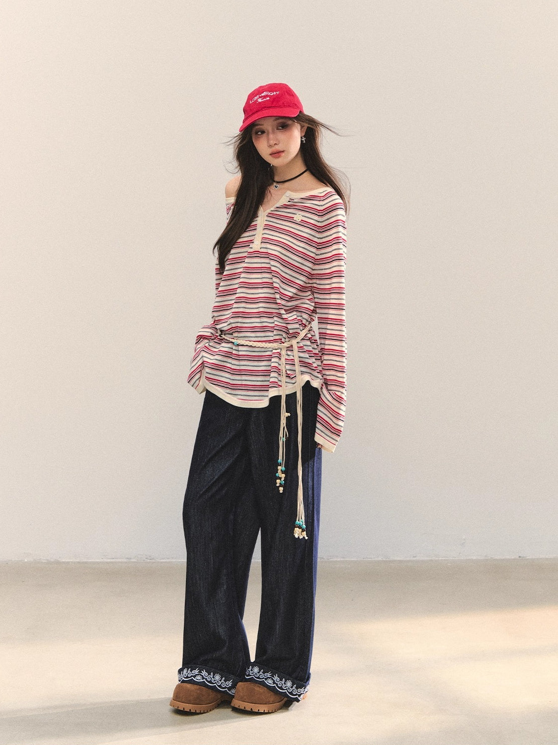 Navy Blue Boho Embroidered Belted Jeans