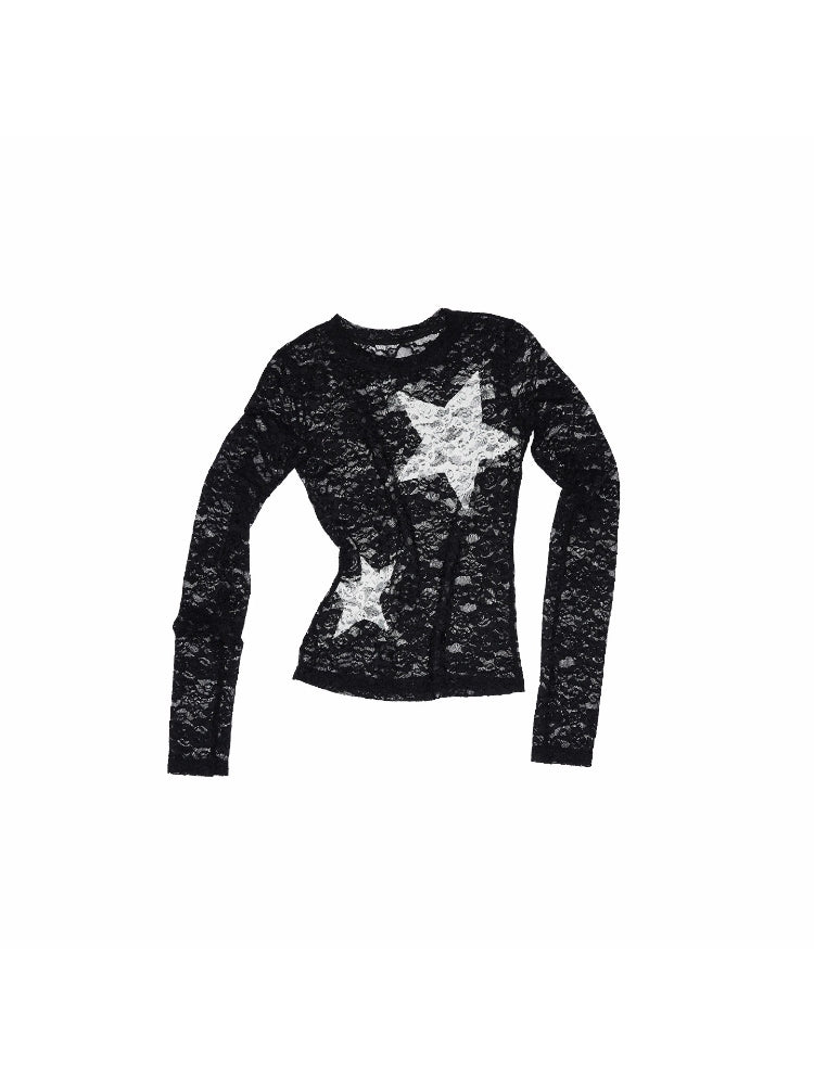 Vintage Contrast Star Patch Lace Slim Long Sleeve Top