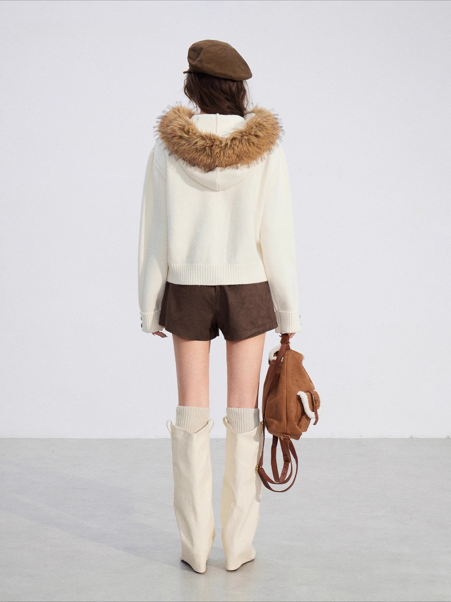 Cable Knit Fur-Collar Hoodie