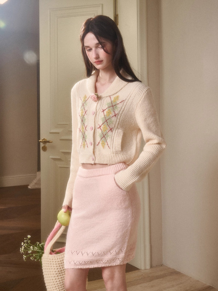 Cosagach Cream Wool Knit Cardigan & Skirt Set