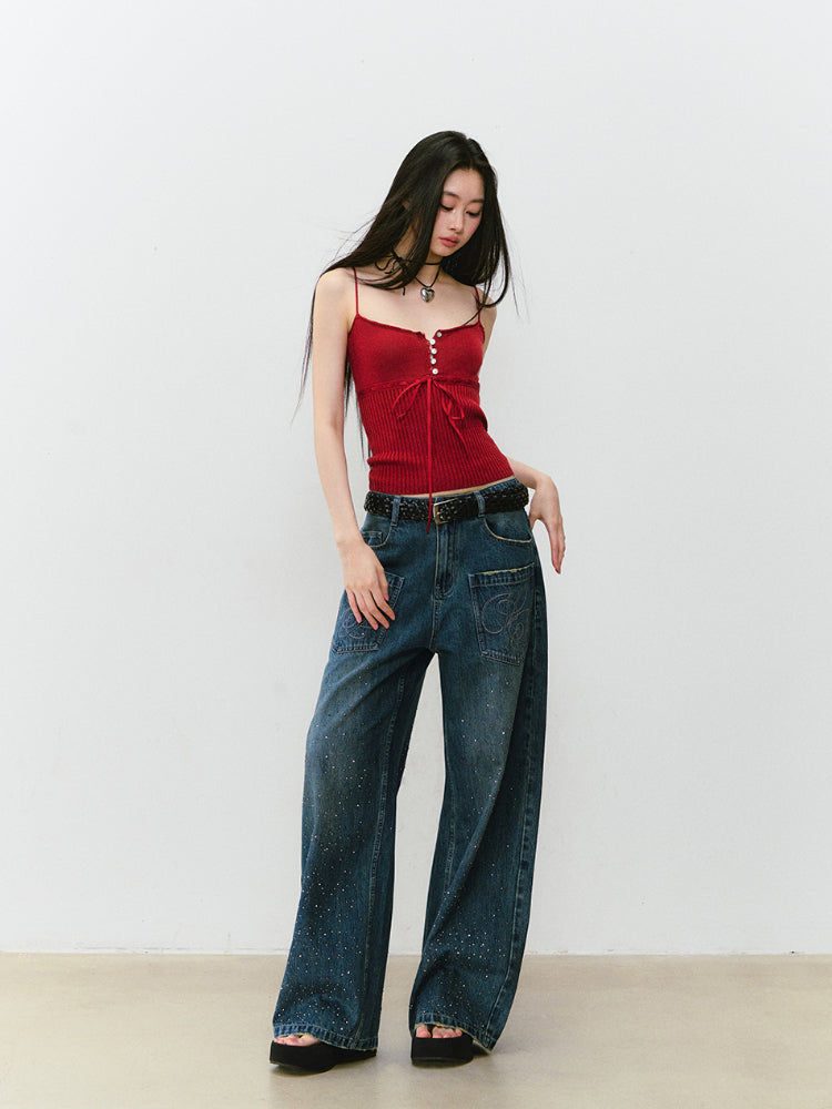 3D Rhinestone Wide - leg Denim Pants