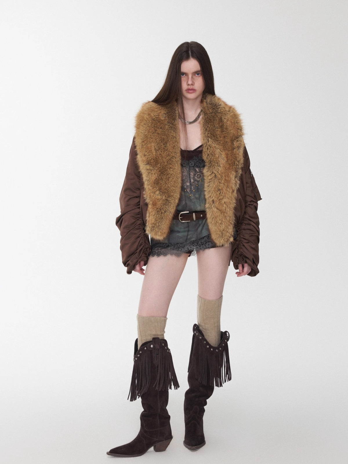 Brown Faux-Fur Collar Bomber Jacket