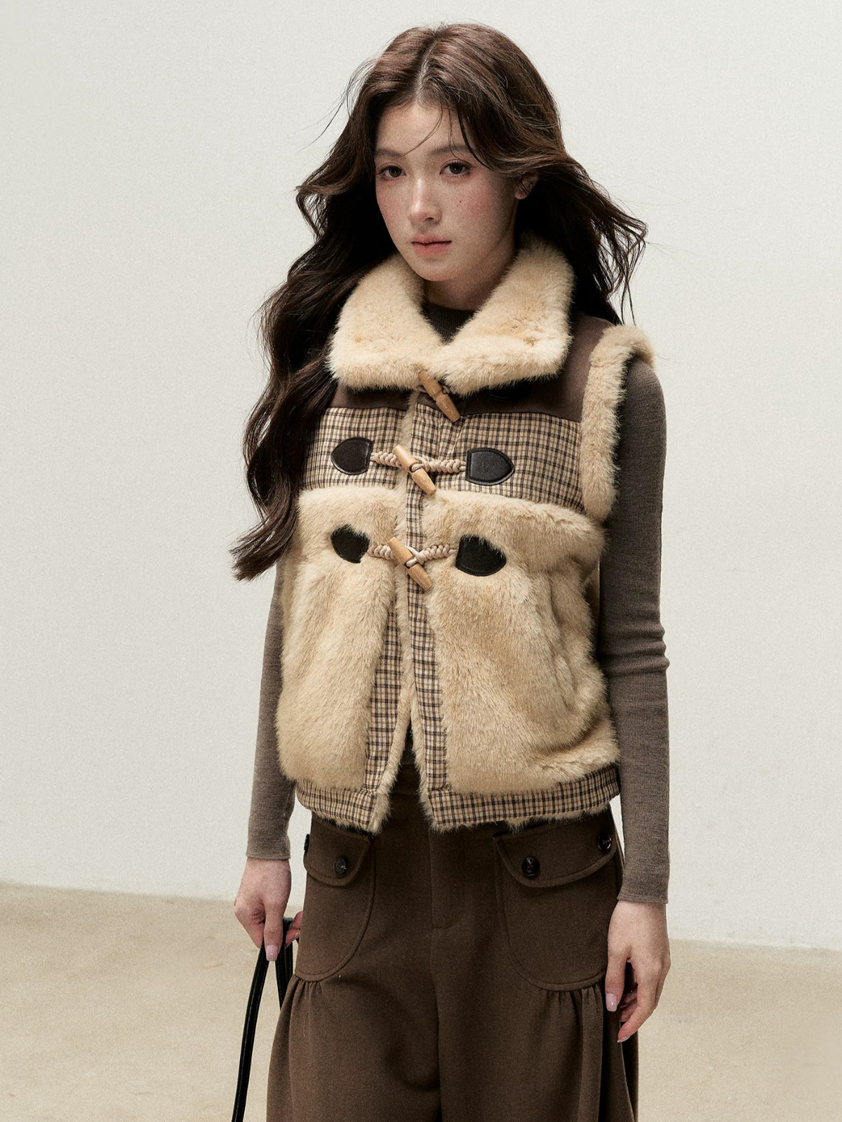 Vintage Toggle Plaid Faux Fur Vest