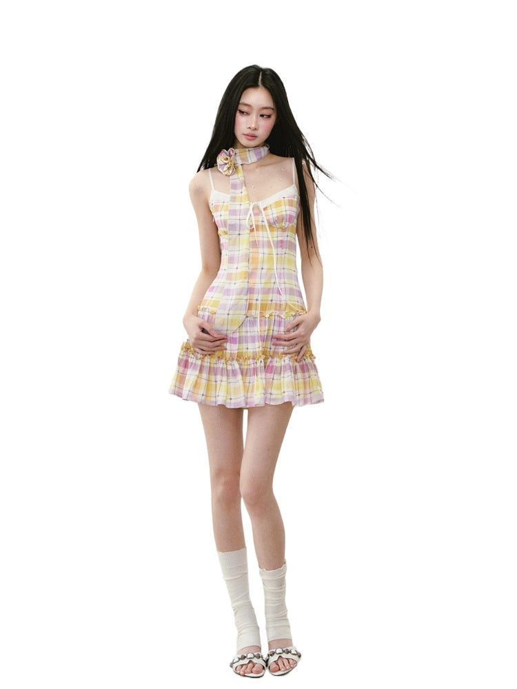 Fake Two-piece Plaid Spliced Cami Dress