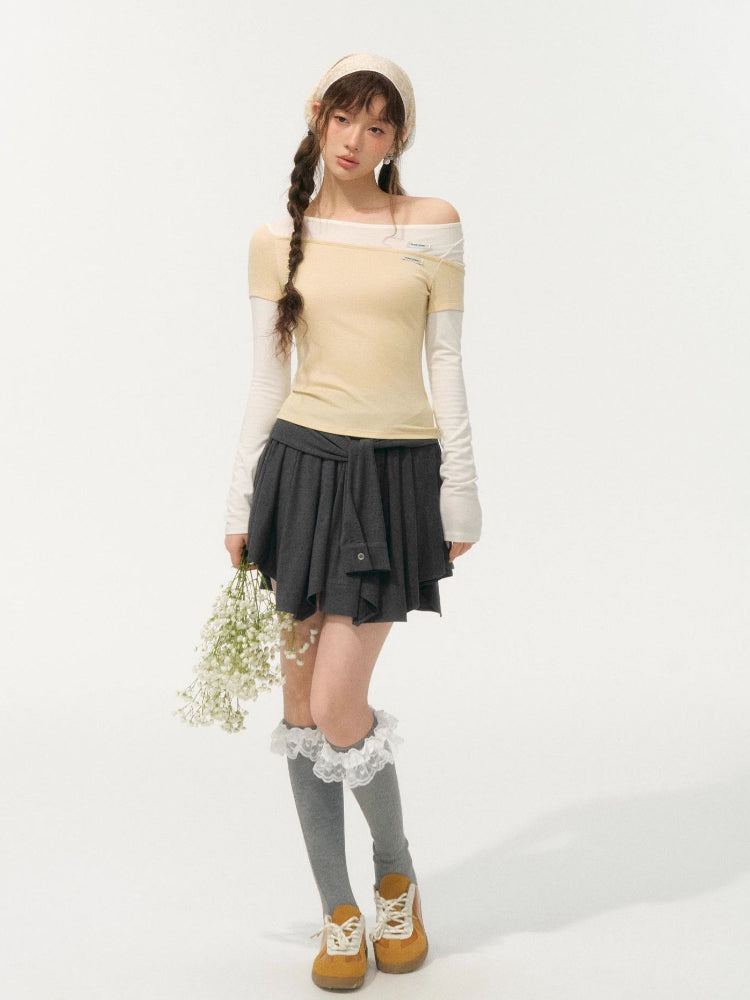 Irregular Fake Two-Piece Color-Block Knit T-shirt