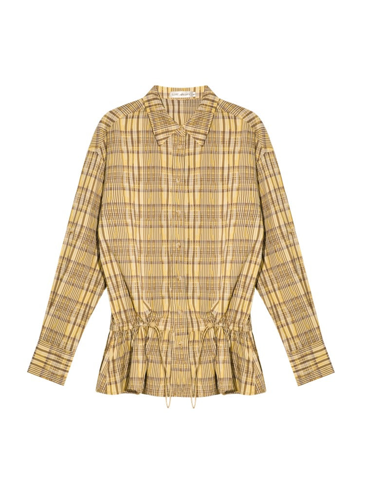 Ruffled Hem Waist-Cinching Checked Shirt