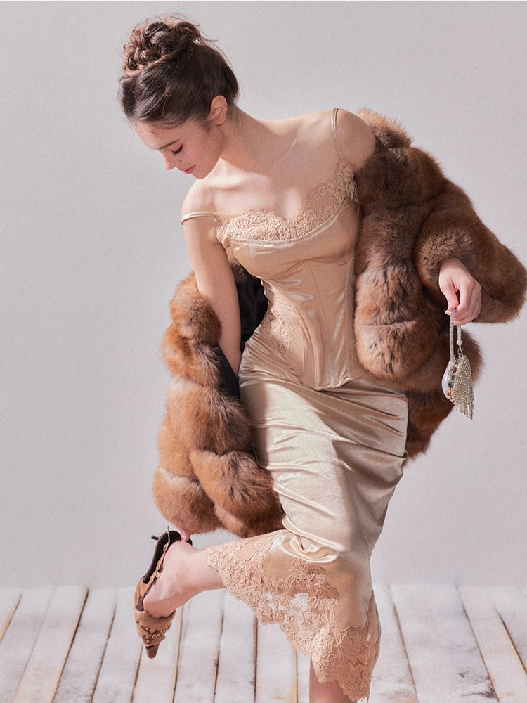 Lace Satin Boned Embroidered Cami & Skirt Set