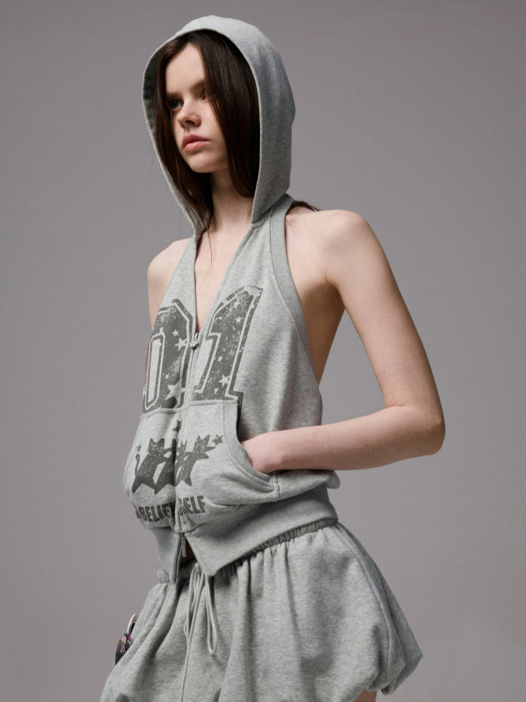Hooded Backless Vest & Hoodie Set