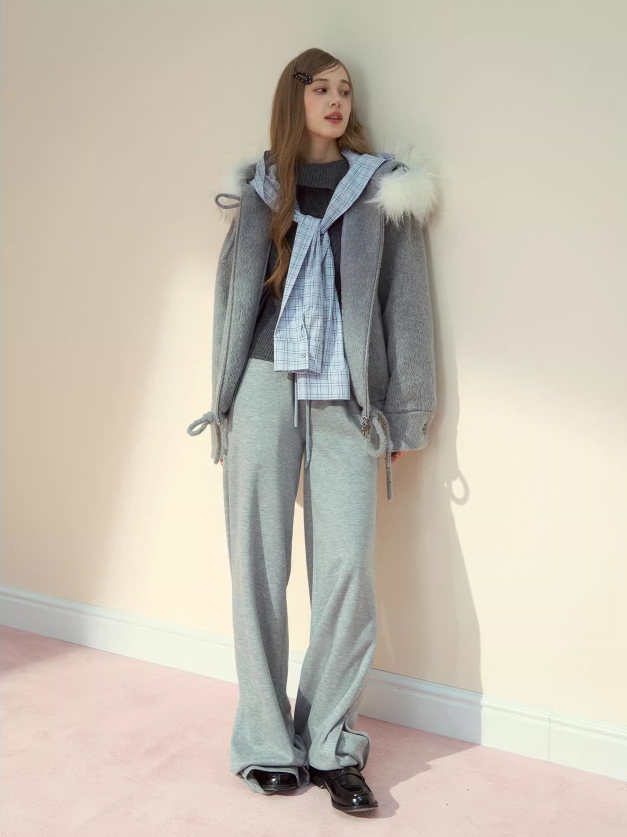 Checked Waist Wool Straight-Leg Pants