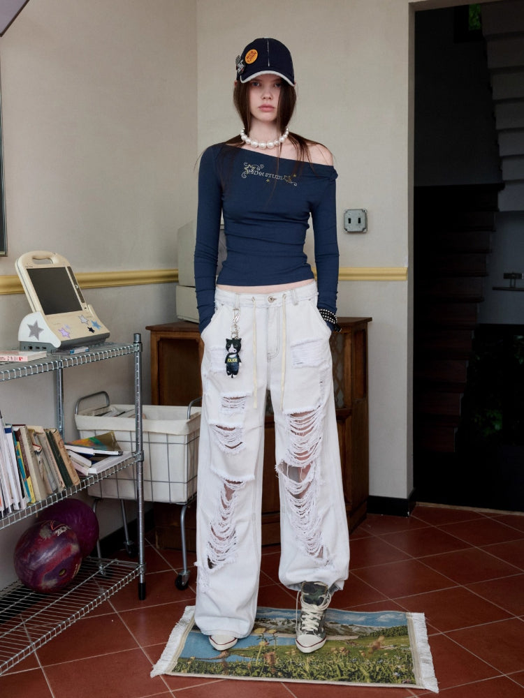 Distressed White Ripped Wide-leg Pants