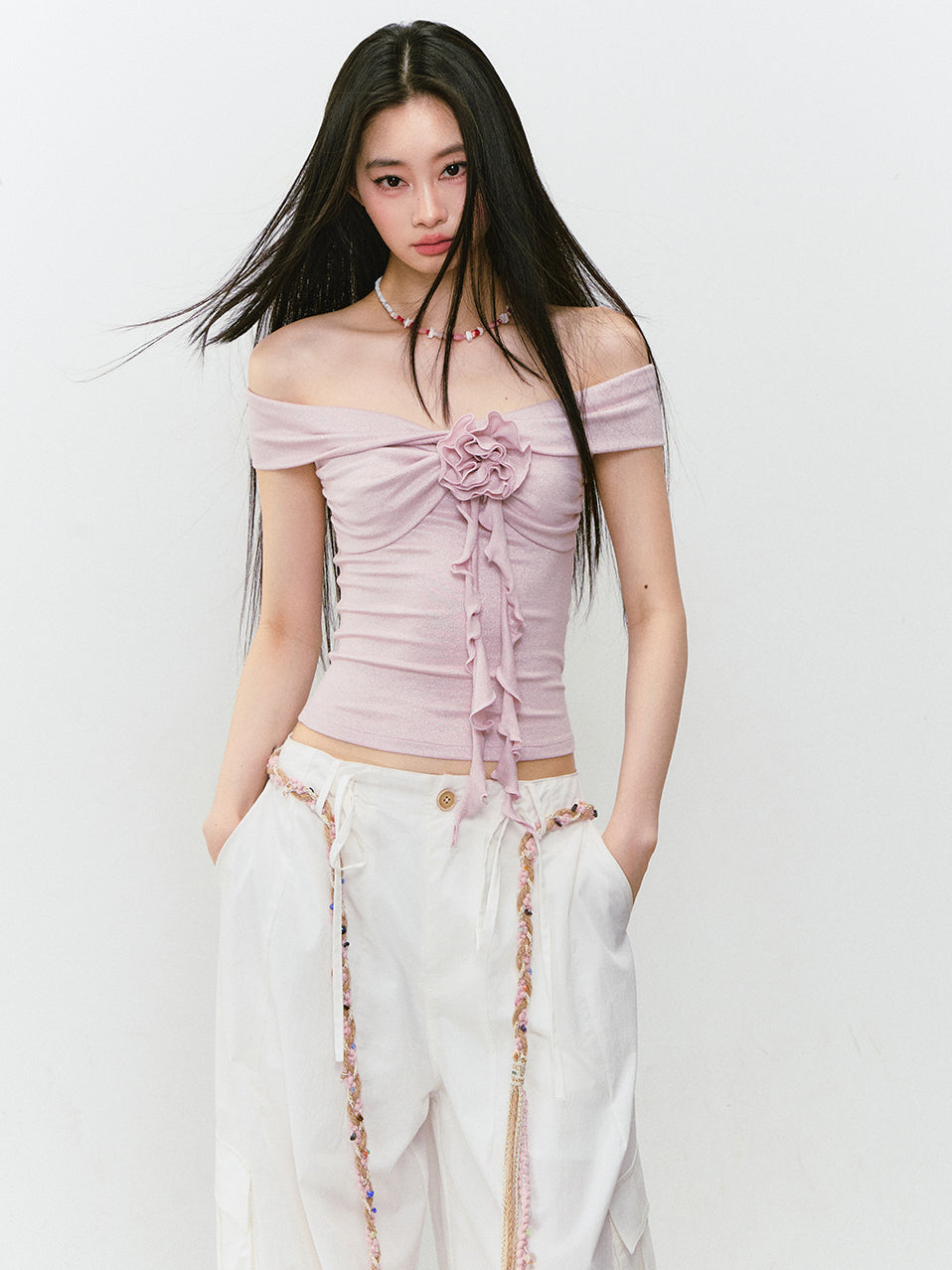 3D Rose One-shoulder Short-sleeve T-shirt