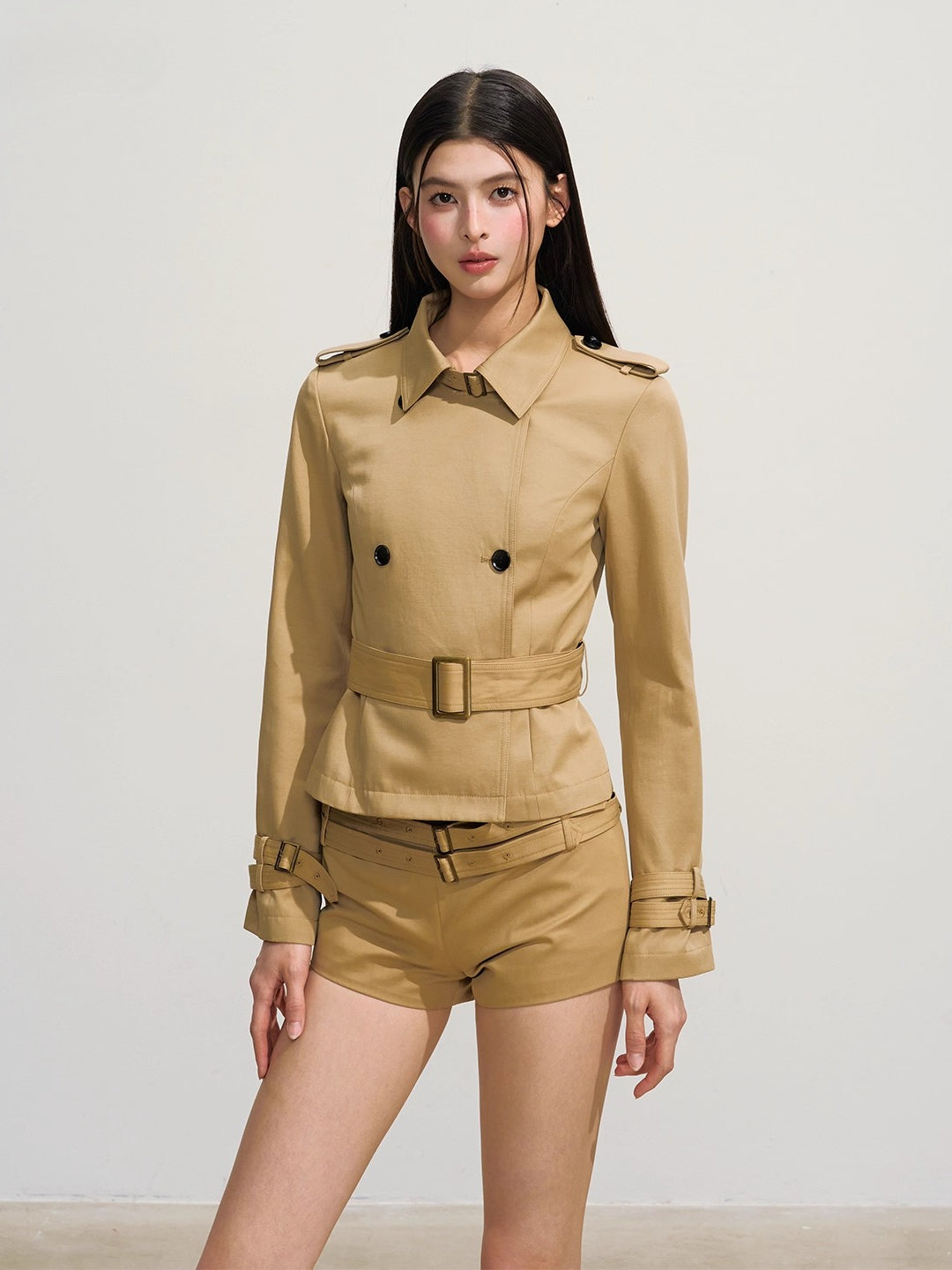 Slim-Fit Double-Breasted Trench Blazer & Low-Waist Shorts Set