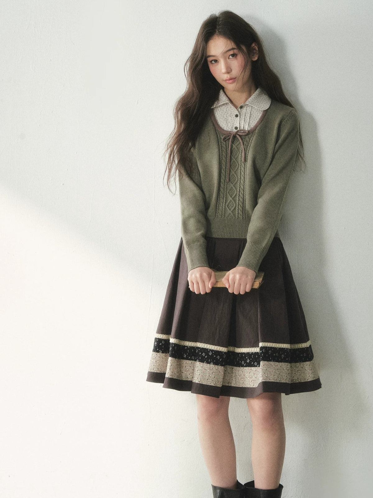 Floral Collar Bow Cable Knit Sweater