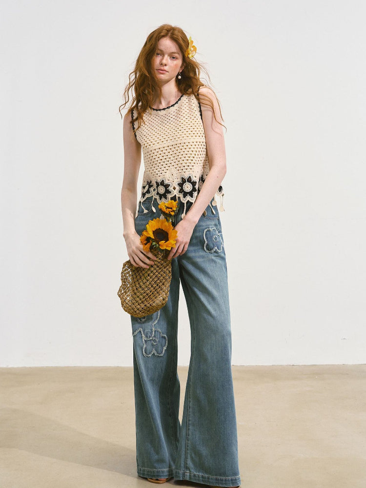 Raw-edge Flower-Patch Straight-leg Jeans