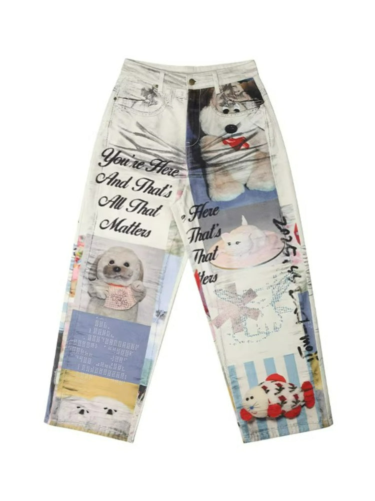 Printed Wide-Leg Denim Jeans