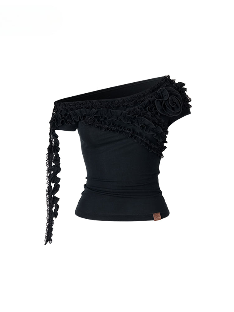 Lace-trimmed Flower Asymmetric T-shirt