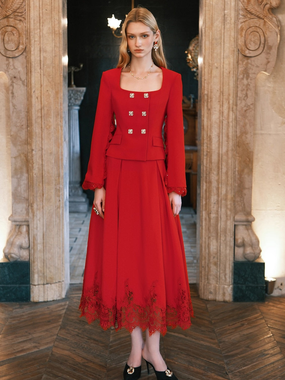 Mirage Vintage Lace-Collar Blazer & Flared Skirt Set