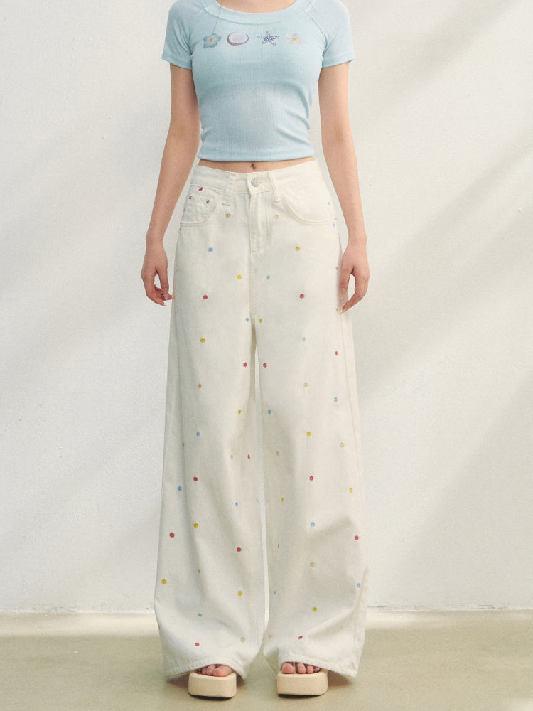 Colorful Floral Embroidered Straight-Leg Jeans