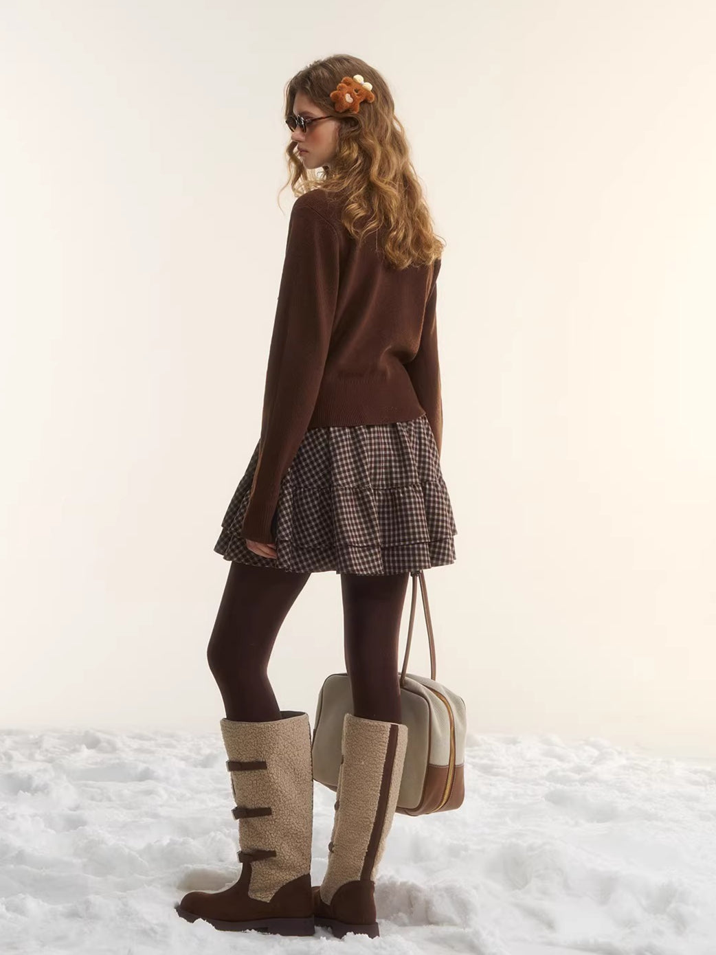 Wool Plaid Bunny Tie Knit Top & Skirt Set