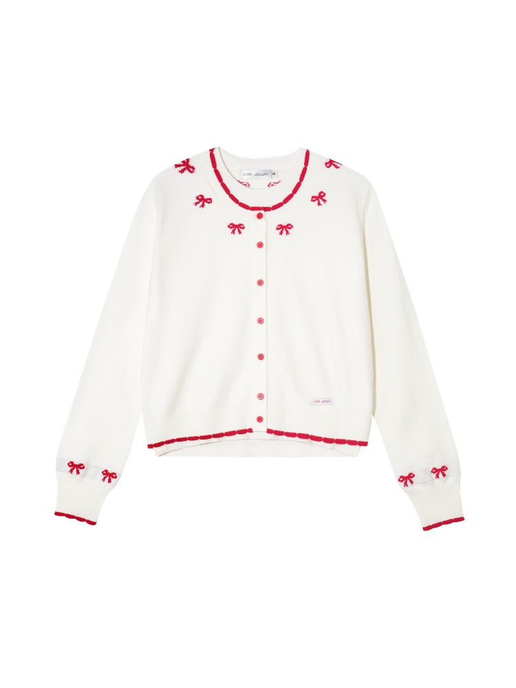 Bow Jacquard Contrast Knit Cardigan